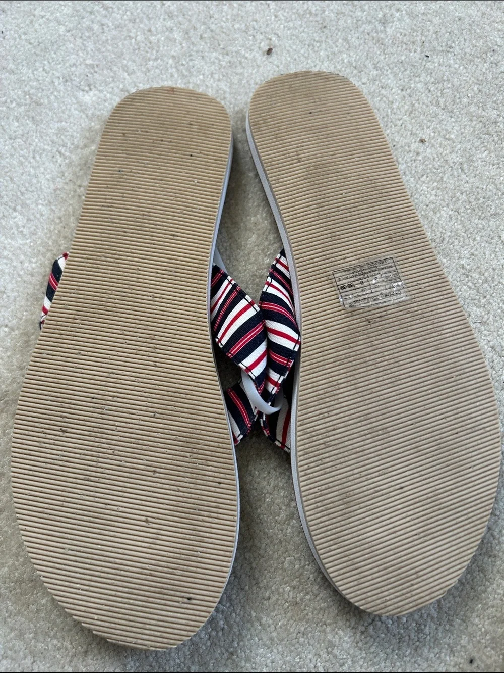 Tommy Bahama Brown Sandals with Navy, Red & White Striped Straps Sz 8